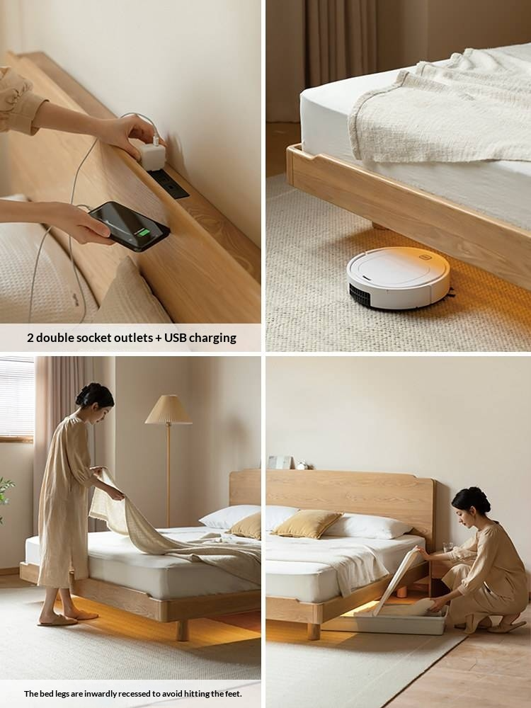 Ash Solid Wood Floating Bed — Large Slab, Simple Modern Design