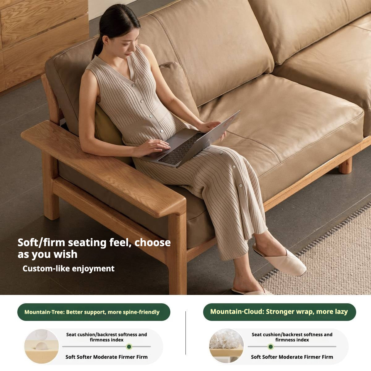 Oak, Ash Solid Wood Wabi Sabi Style Genuine Leather Sofa, fabric sofa