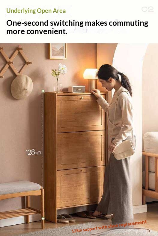 Oak Solid Wood Flip-Front Shoe Cabinet with Compact Vertical Design