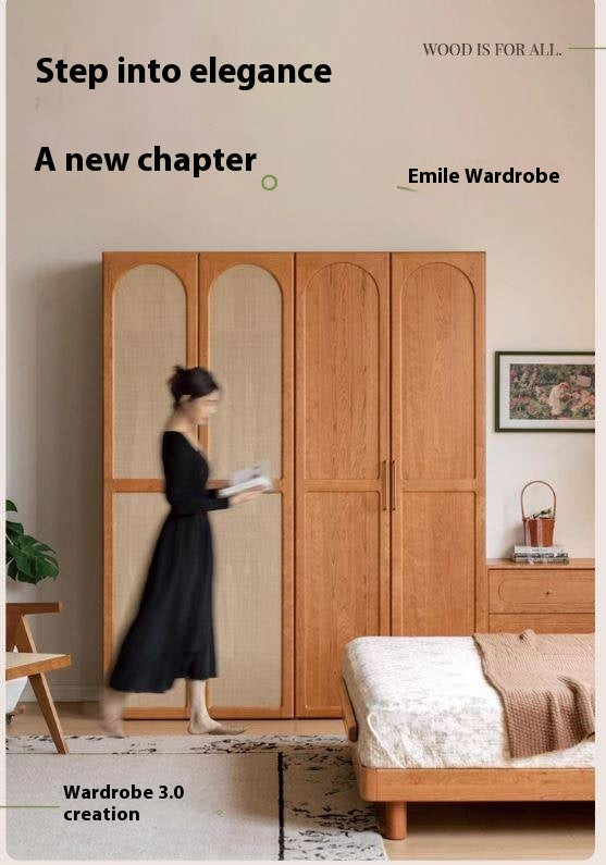 Cherry Solid Wood Swing Door Rattan Wardrobe