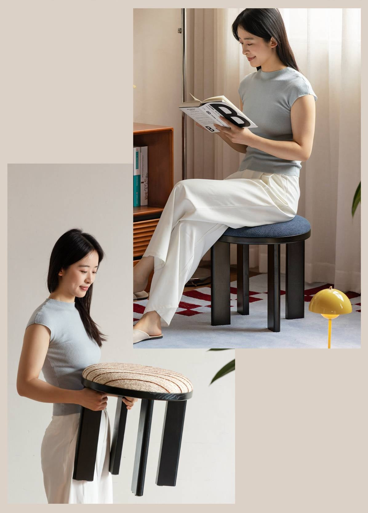 Ash Solid Wood Round Upholstered Stool with Slab Wood Legs