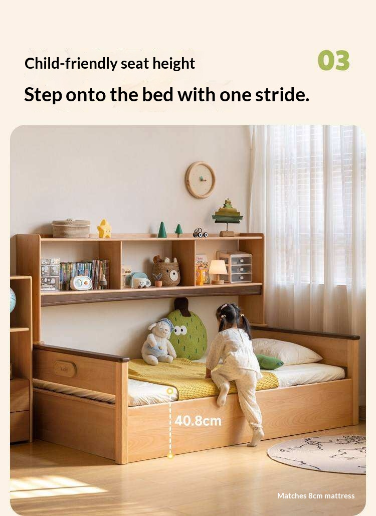 Beech Solid Wood Kids Storage Bed with Bookcase Headboard and Gas Lift Base