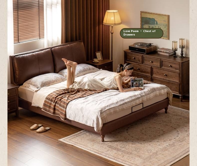 Leather Soft Upholstery, Light Luxury Bed American Retro Style
