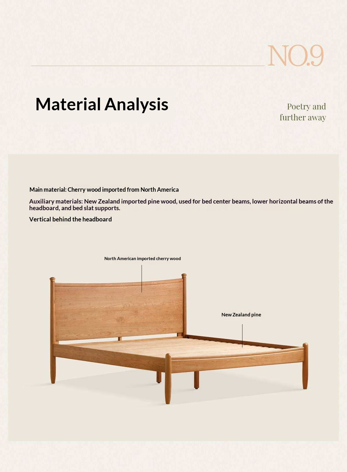 Cherry Solid Wood Nordic Platform Bed with Curved Panel Headboard