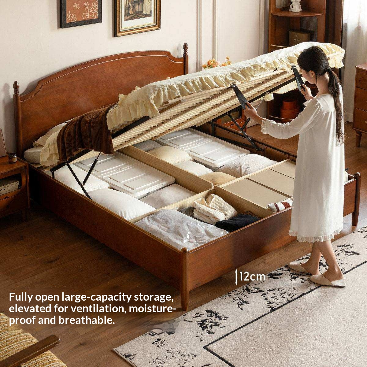 Poplar Solid Wood French Country Arched Panel Bed with Storage Base Box Bed