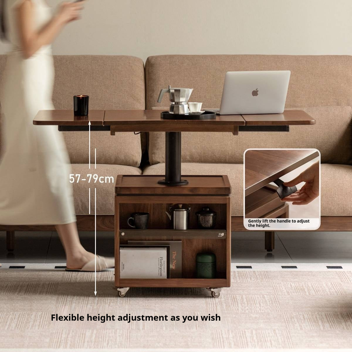 Black Walnut Solid Wood Mobile Folding Coffee Table