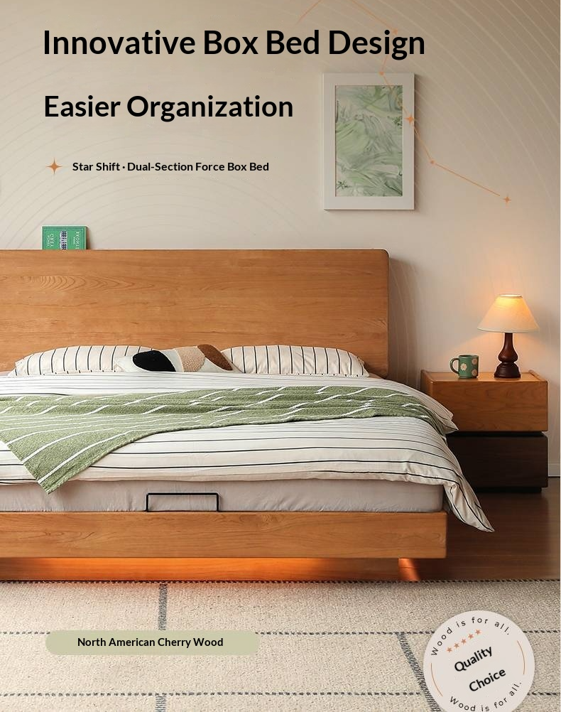 Cherry Solid Wood Modern Minimalist Storage Box Bed with Suspension Design