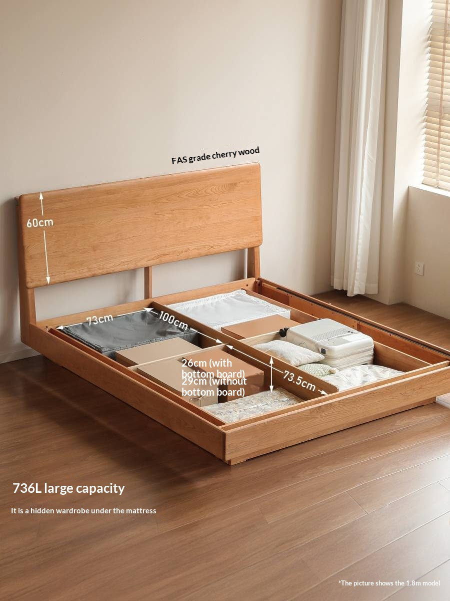 Cherry Solid Wood Modern Minimalist Storage Box Bed with Suspension Design