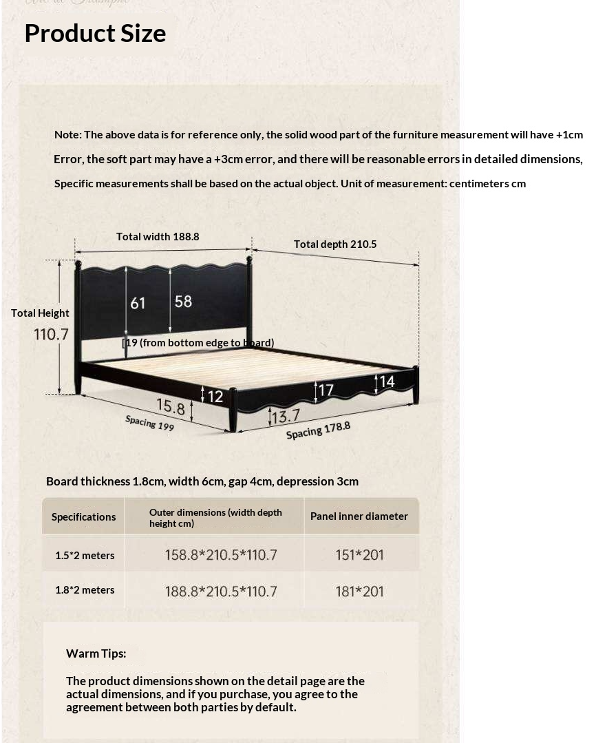Rubberwood Solid Wood French Style Bed with Black Carved Headboard and Elegant Curved Frame
