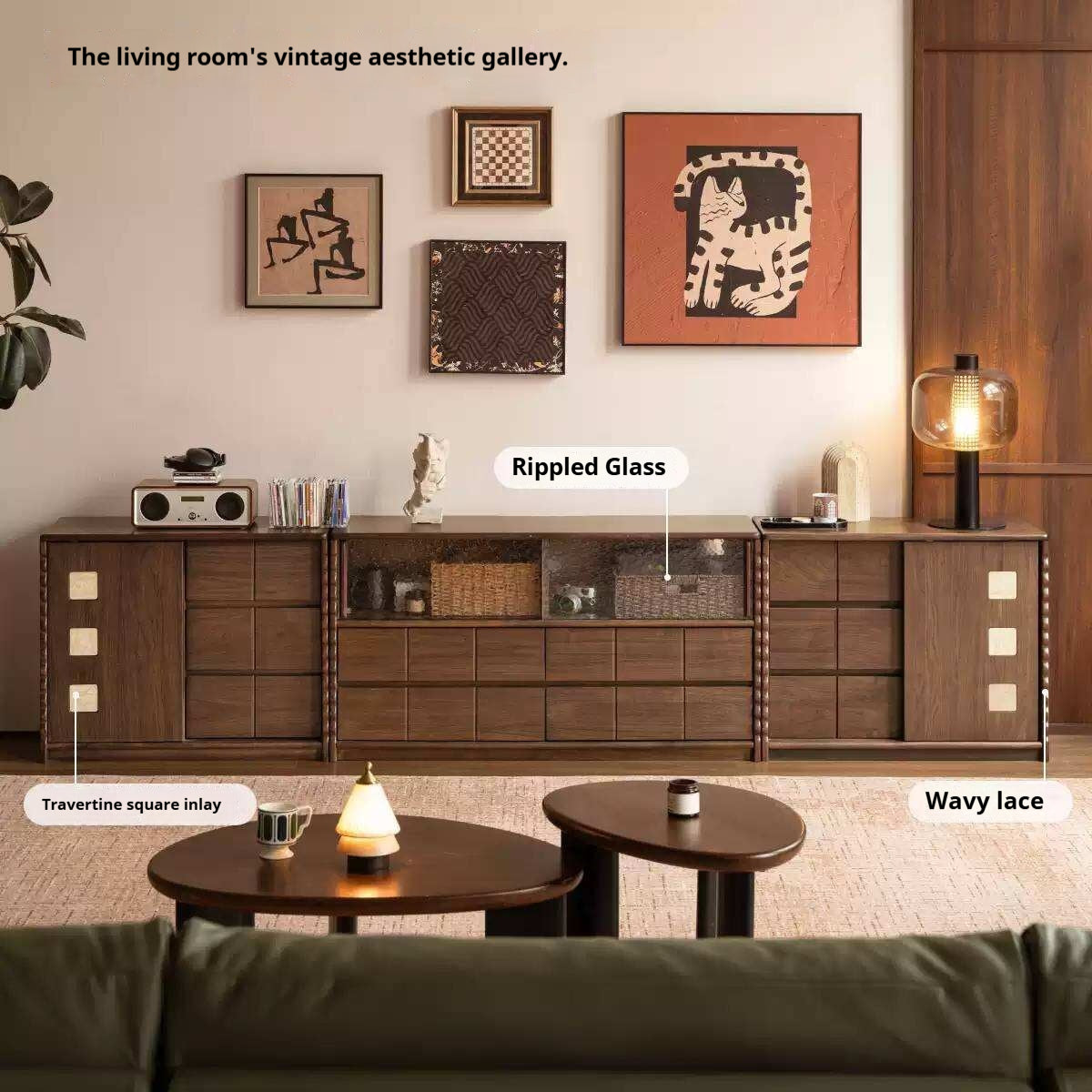 Black Walnut Solid Wood Tall TV Cabinet Modular Sideboard, Mid Century Gallery Style Storage Cabinet with Fluted Details