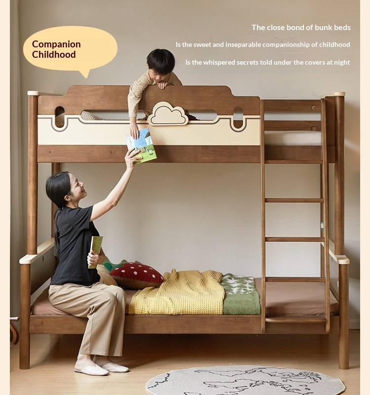 Rubberwood Solid Wood Castle-Inspired Bunk Bed with Cloud Cutout Guardrail