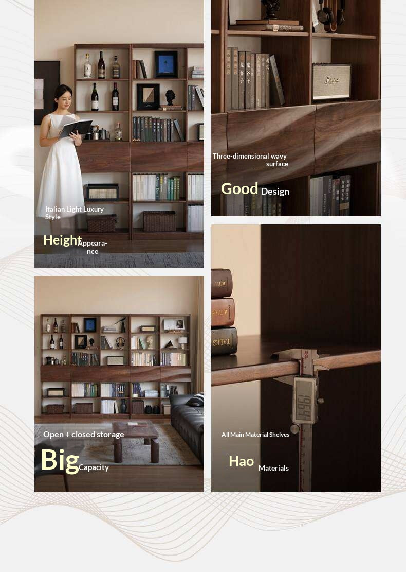 Black Walnut Solid Wood Bookshelf with Combination Storage and Display Shelves