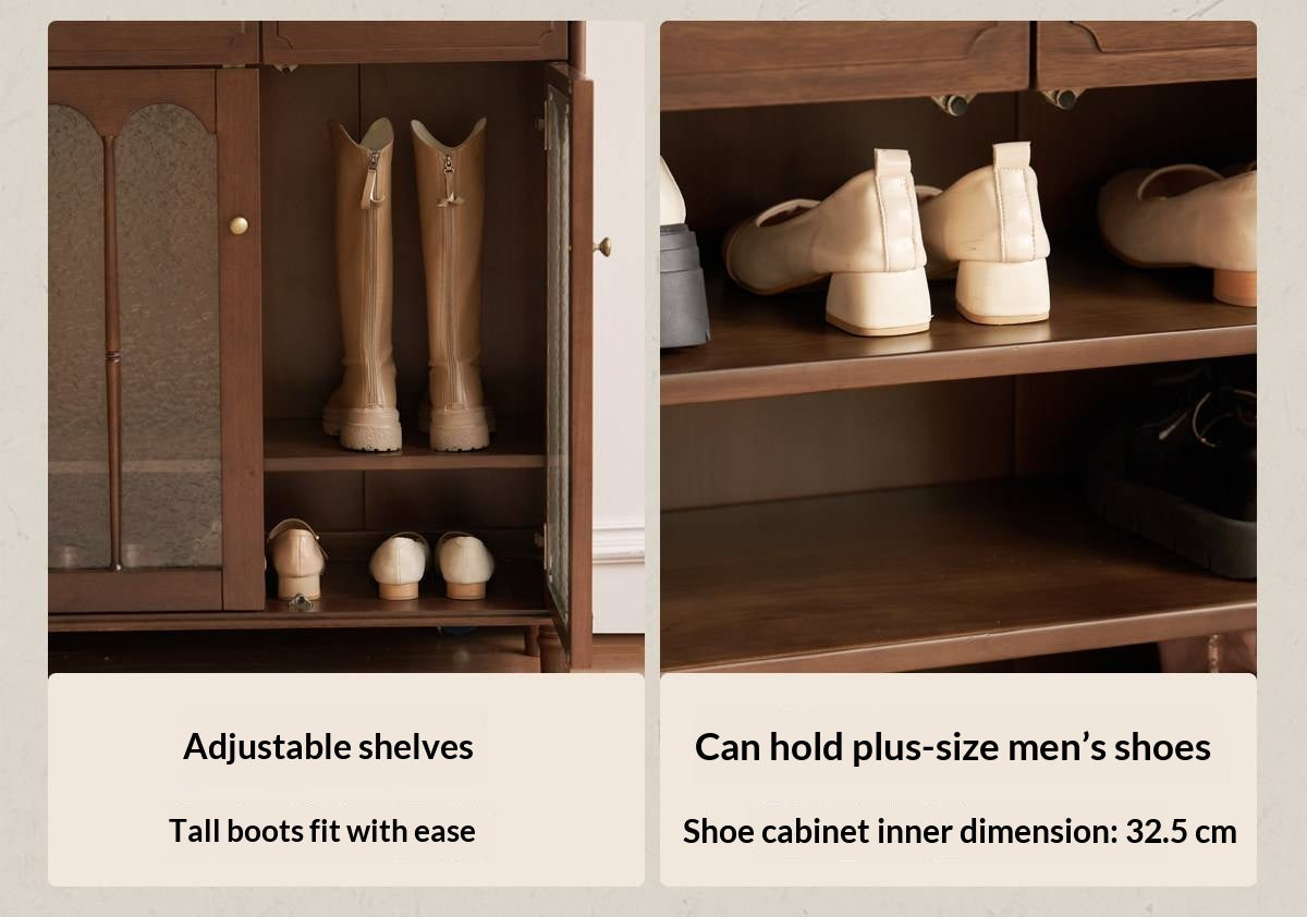 Solid Longan Hardwood French Vintage Shoe Cabinet with Arched Glass Doors and Adjustable Shelves