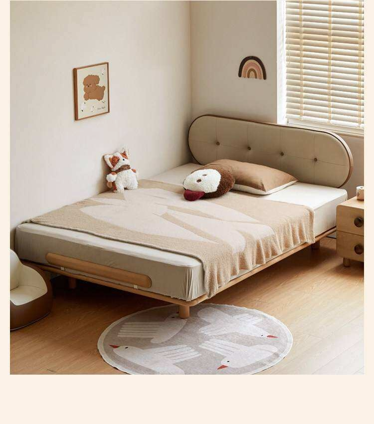 Beech Solid Wood Kids Floating Platform Bed with Upholstered Headboard and Optional Guardrails