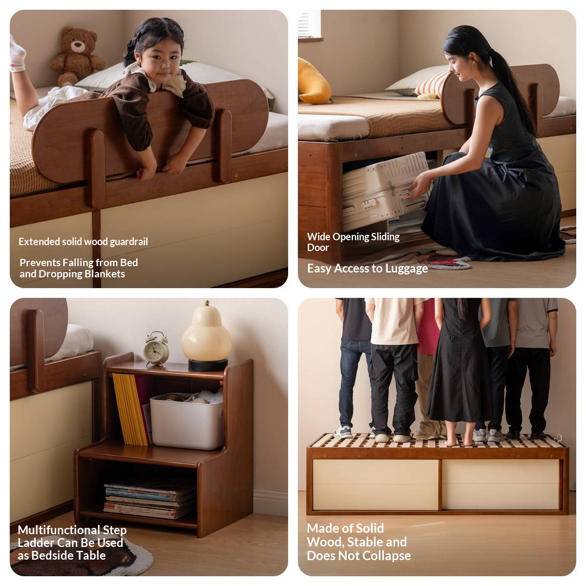 Rubberwood Solid Wood Kids’ Platform Bed and Hidden Storage