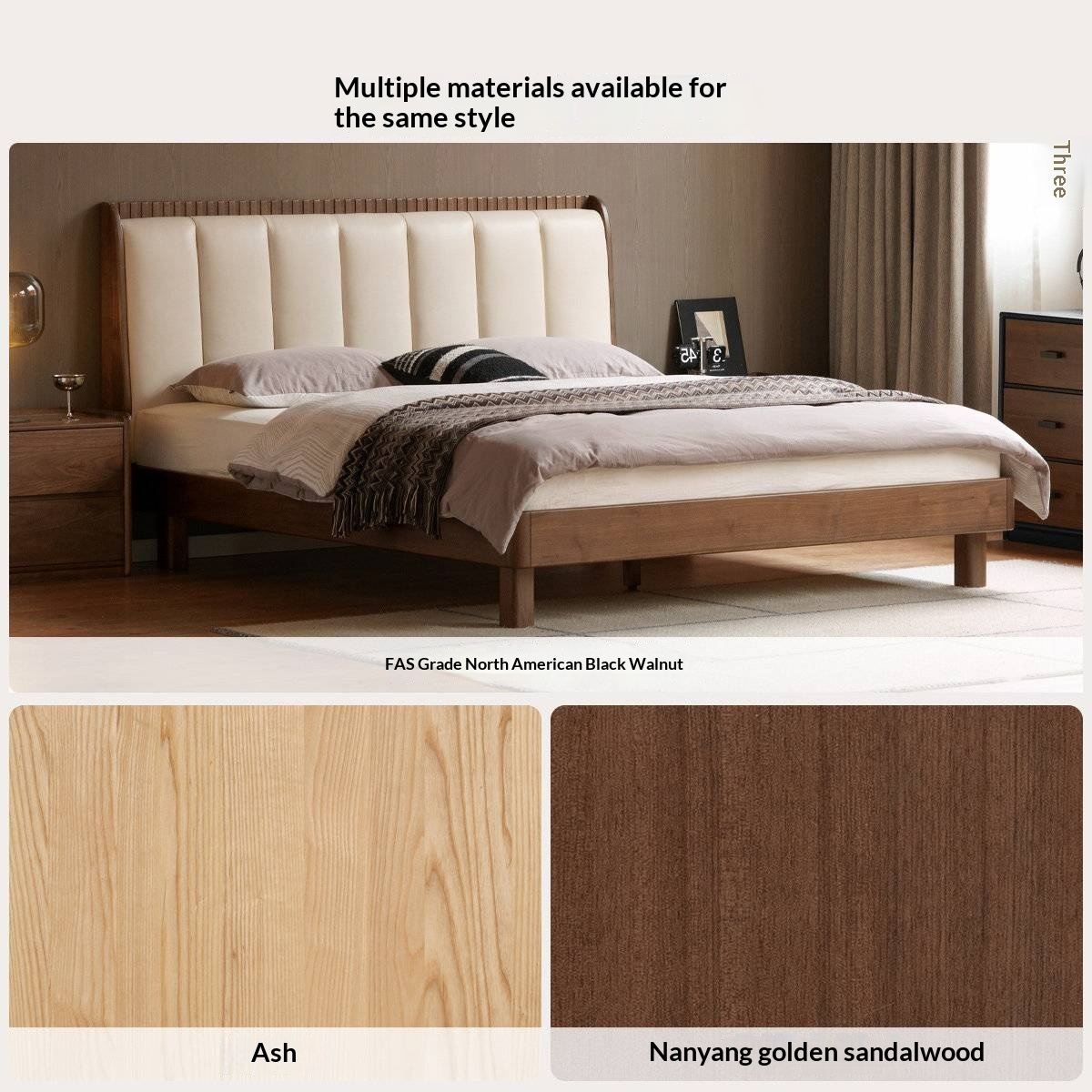 Ash Solid Wood Bed with Genuine Leather Upholstered Headboard