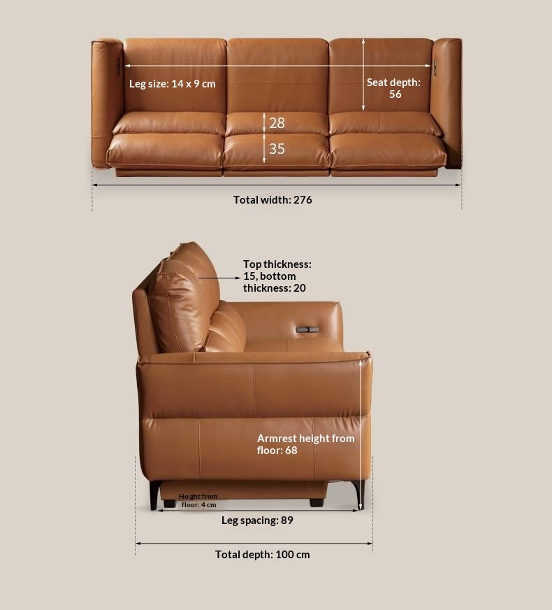 Genuine Leather Power Reclining Sofa with High Back, Single or Dual Power Recliners & USB Charging