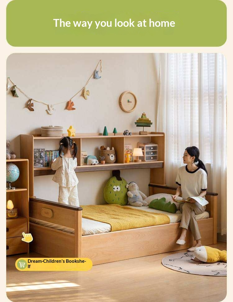 Beech Solid Wood Kids Storage Bed with Bookcase Headboard and Gas Lift Base