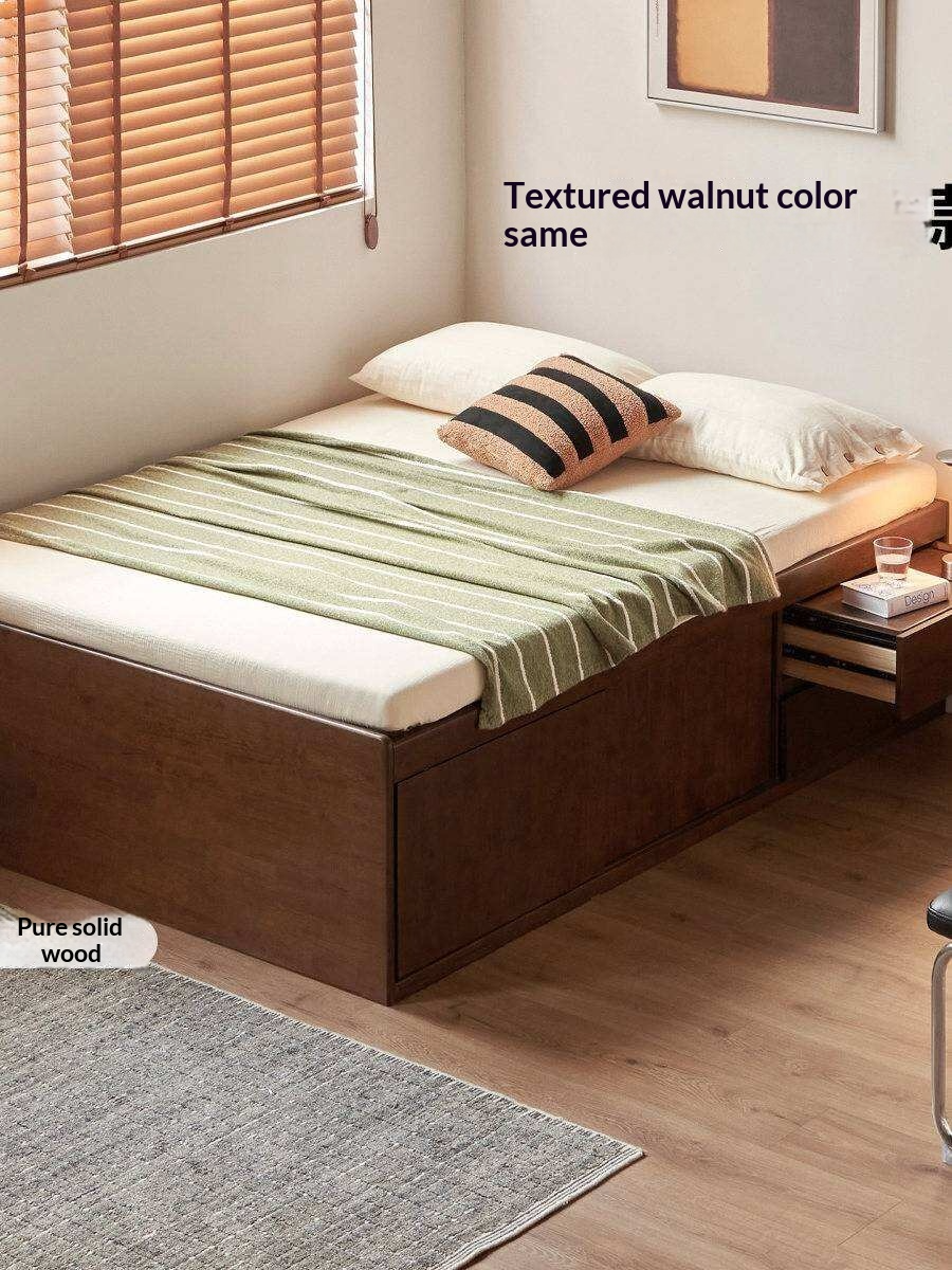 Rubberwood Solid Wood Low Platform Storage Bed with Side Drawers