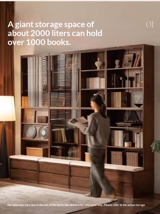 Solid Longan Hardwood, Ash Solid Wood Bookcase with Floor-to-Deck and Wall-Mounted Display Cabinet