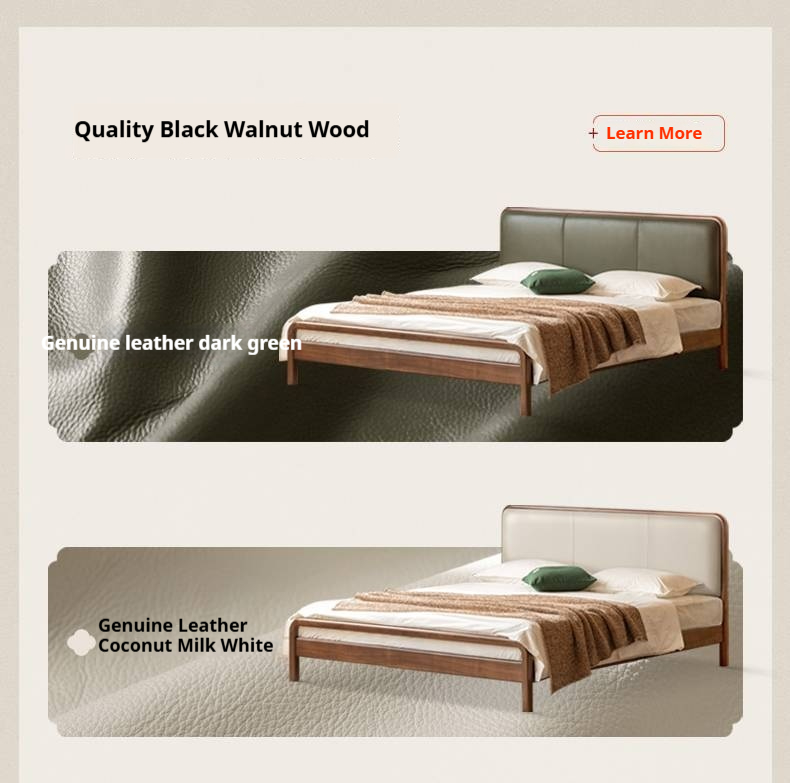 Beech Solid Wood Genuine Leather Soft Headboard Bed