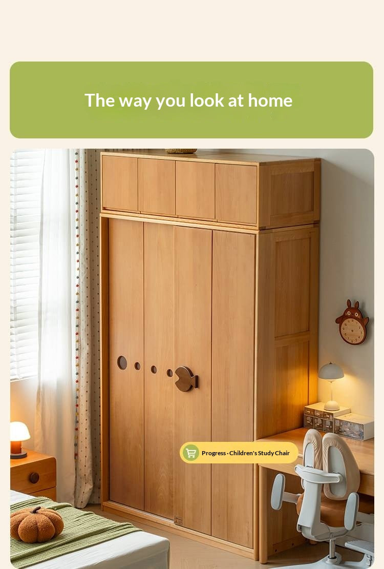 Beech Solid Wood Kids Sliding Door Wardrobe with Adjustable Shelves