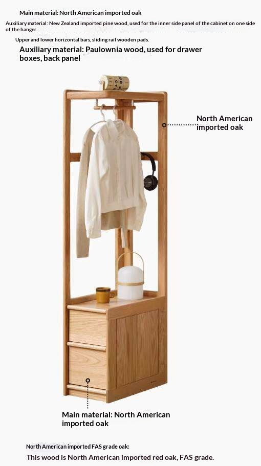 Oak Solid Wood Corner Valet Stand with Garment Rail and Storage Drawers