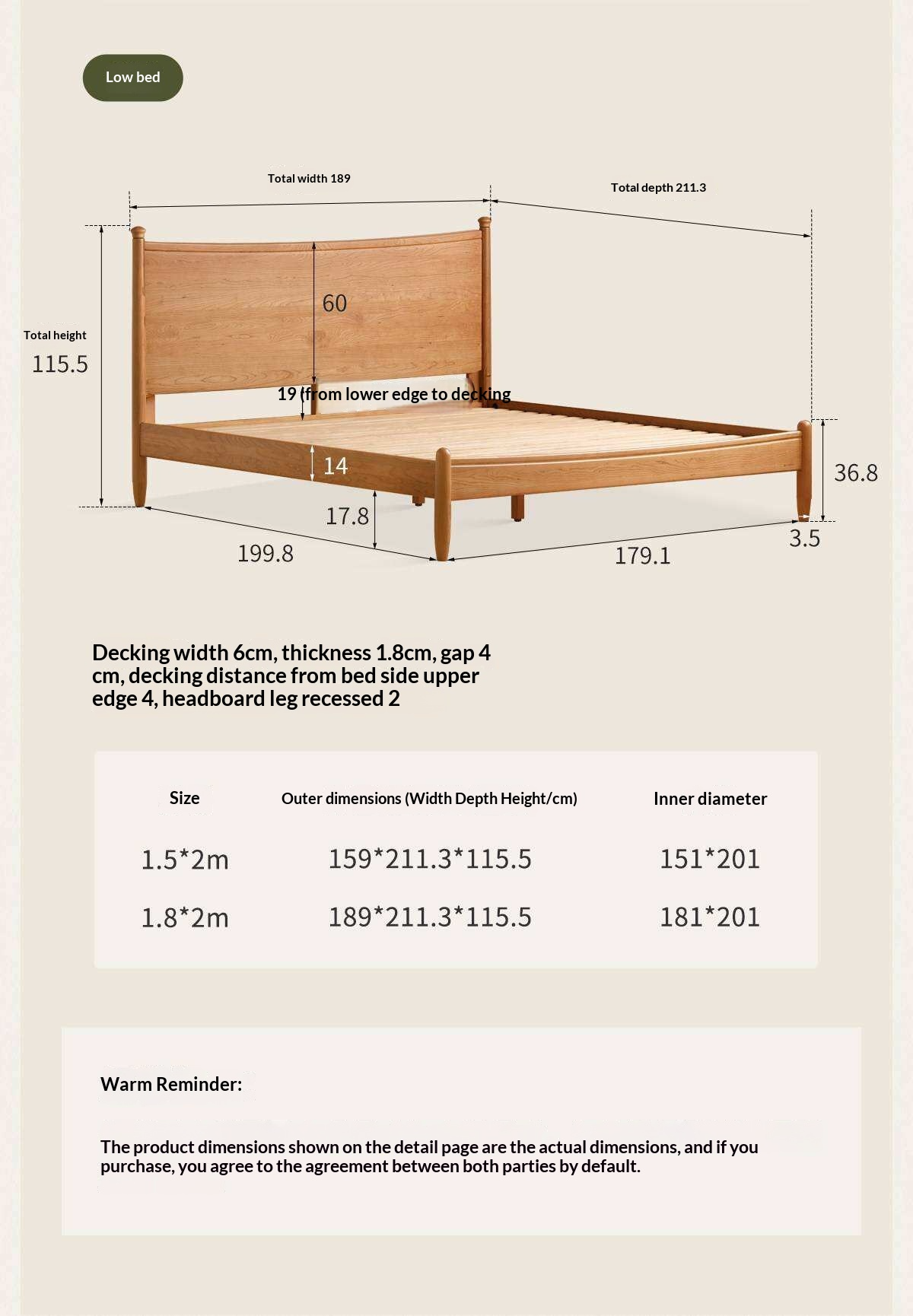 Cherry Solid Wood Nordic Platform Bed with Curved Panel Headboard