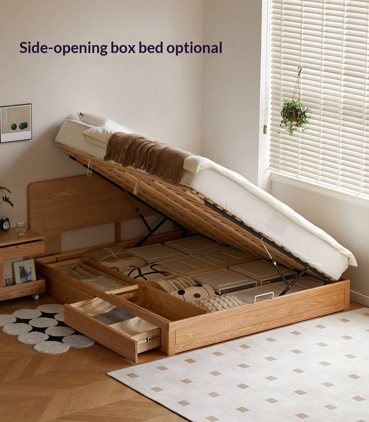 Oak Solid Wood Storage Platform Bed with Drawers, Natural Color