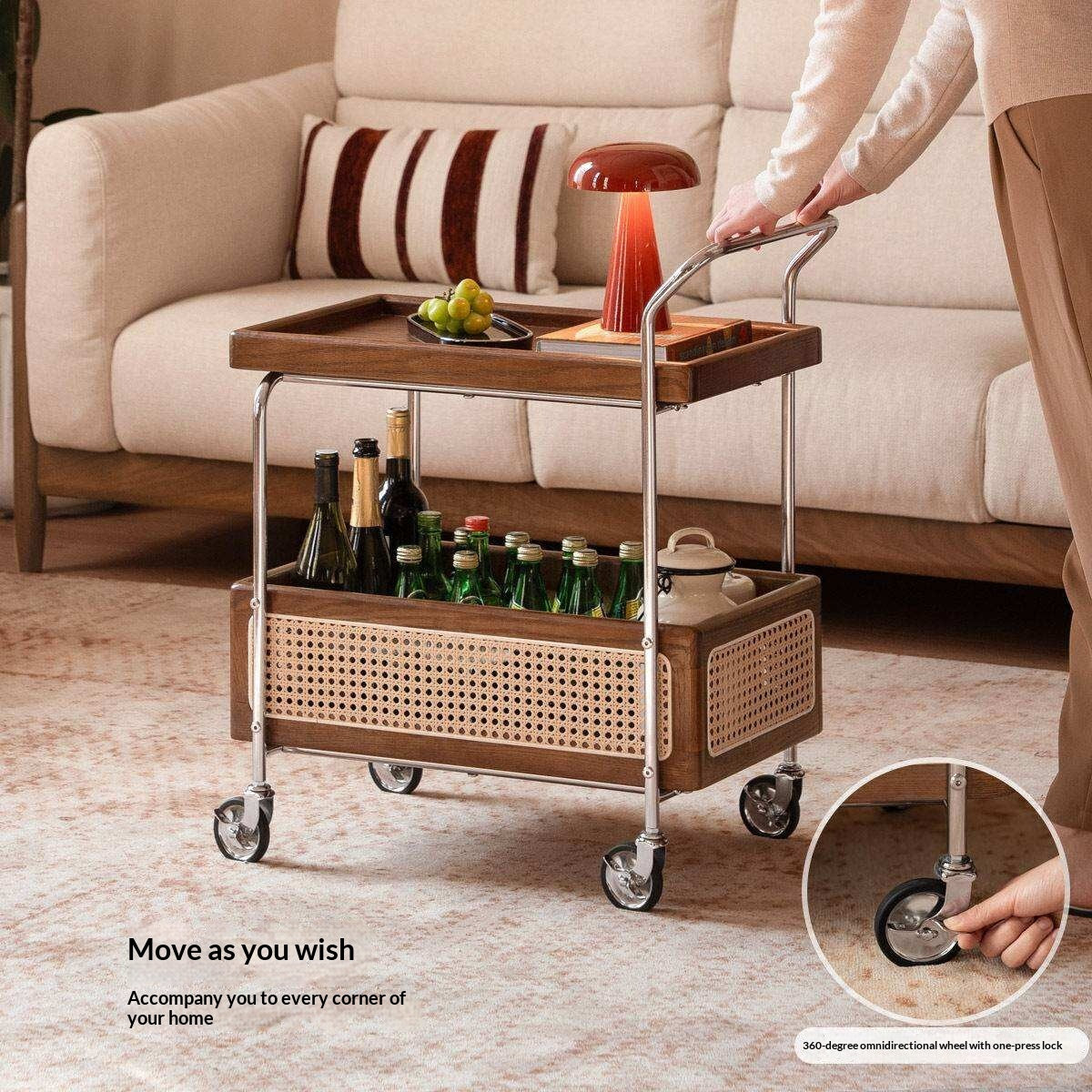 Oak Solid Wood Side Table with Double Layer Storage and Mobile Trolley