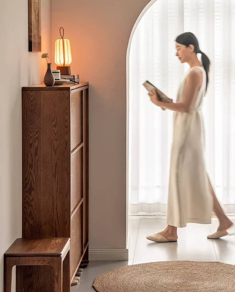 Oak Solid Wood Shoe Cabinet with Wabi-Sabi Style Storage Design