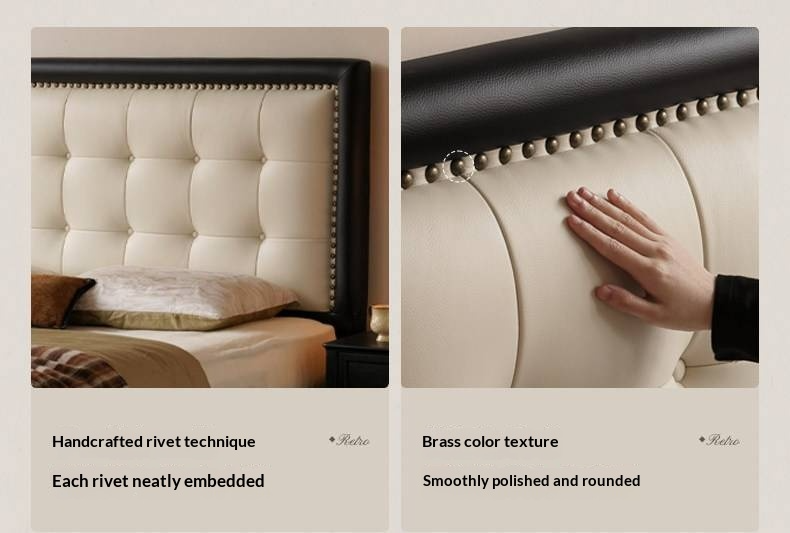 Luxury Genuine Leather Soft Headboard Bed, American Style Riveted Bed