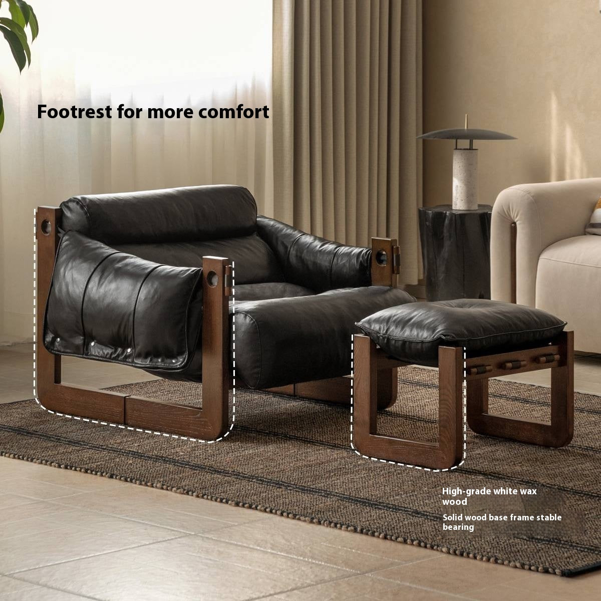 Genuine Leather Ash Solid Wood Sofa Chair, Mid-Century Style, Jersey Island Collection