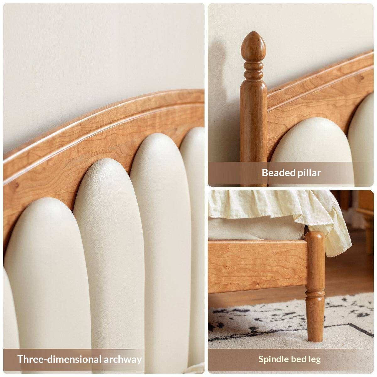 Cherry Solid Wood Genuine Leather, Velvet French-Inspired Scalloped Headboard Bed