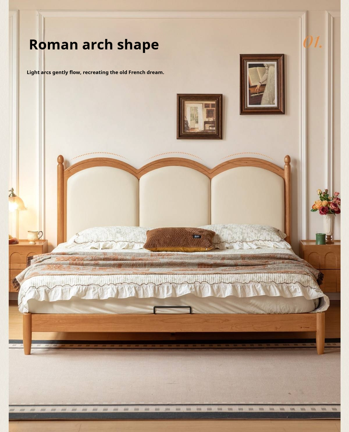 Cherry Wood Solid Wood French Country Bed with Scalloped Arch Panel Headboard