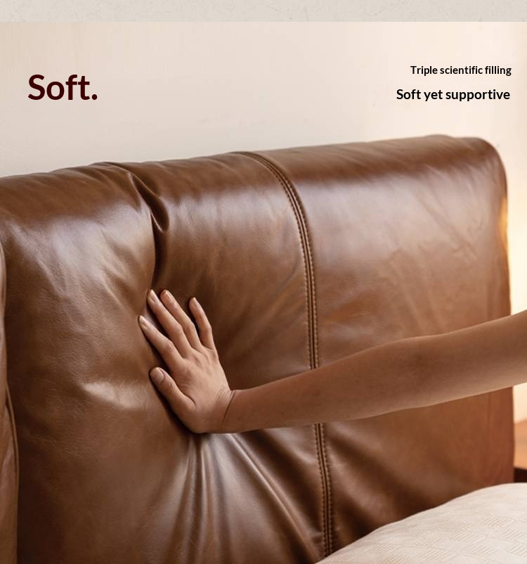 Genuine Leather Bauhaus Style Double Bed with Top Grain Cowhide Soft Backrest