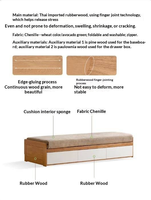 Solid RubberWood Storage Daybed with Pull-Out Drawer and Backless Design