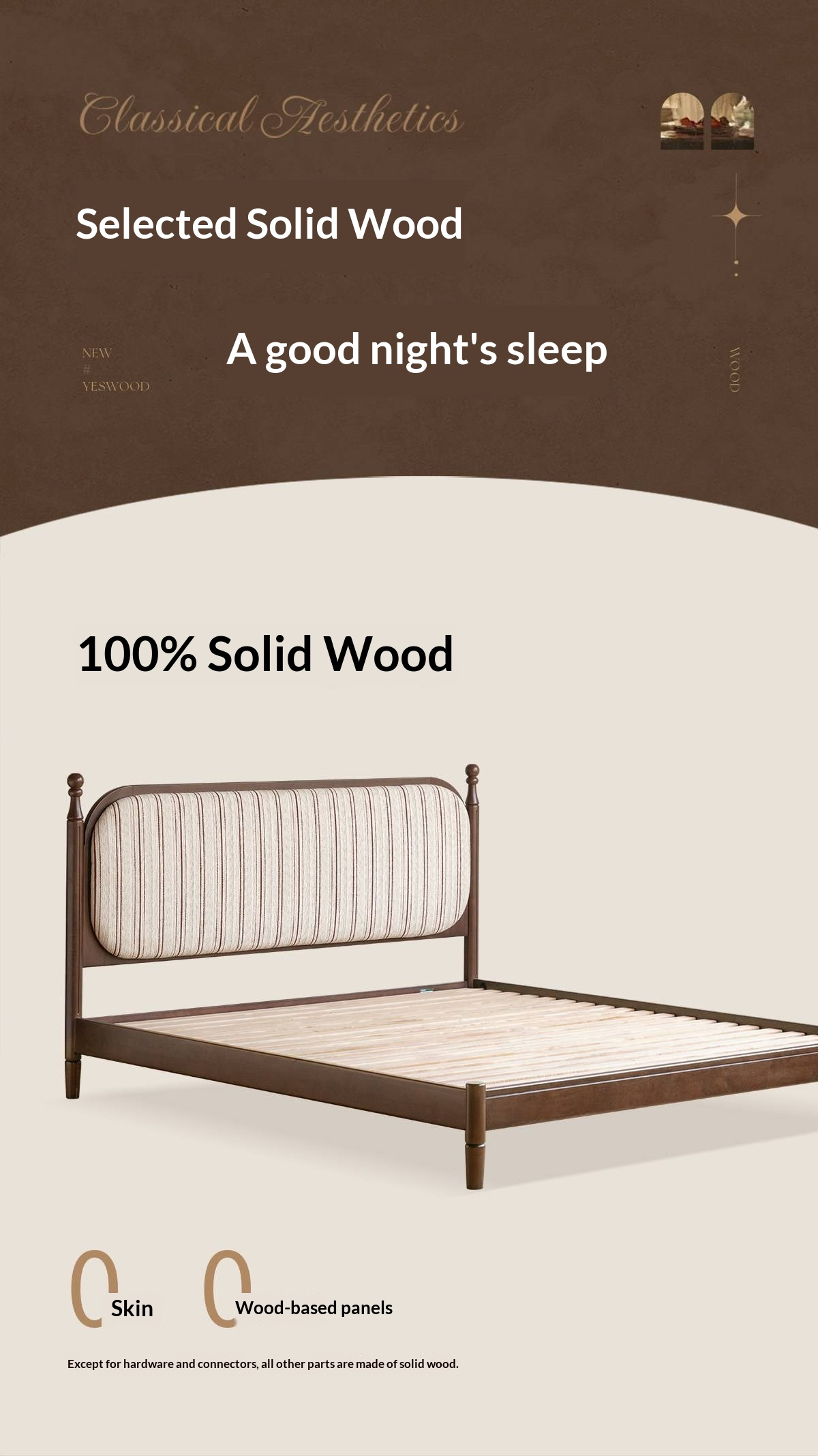 Rubberwood Solid Wood Four Poster Upholstered Bed with Adjustable Headboard