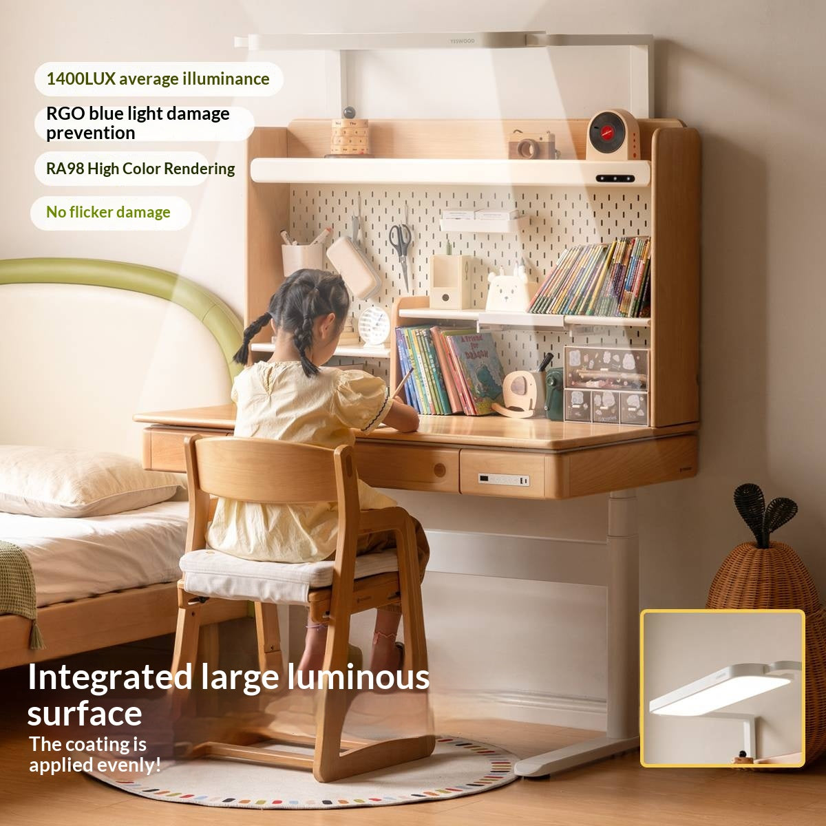 Beech Solid Wood Children's Study Desk with Electric Lift