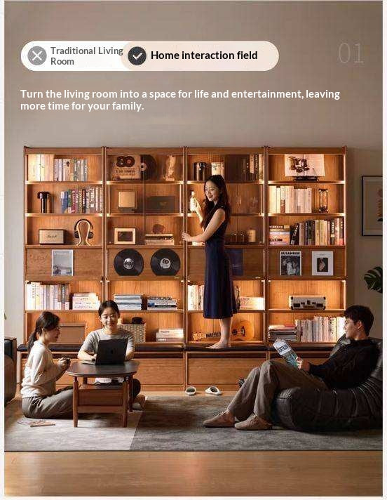 Cherry Solid Wood Bookcase with Wall Integration and Floor Storage Cabinet