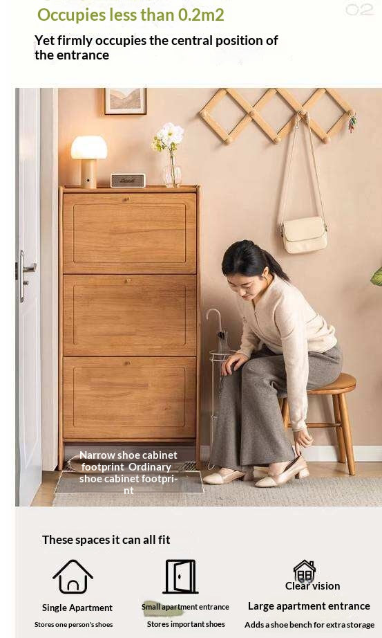 Oak Solid Wood Flip-Front Shoe Cabinet with Compact Vertical Design