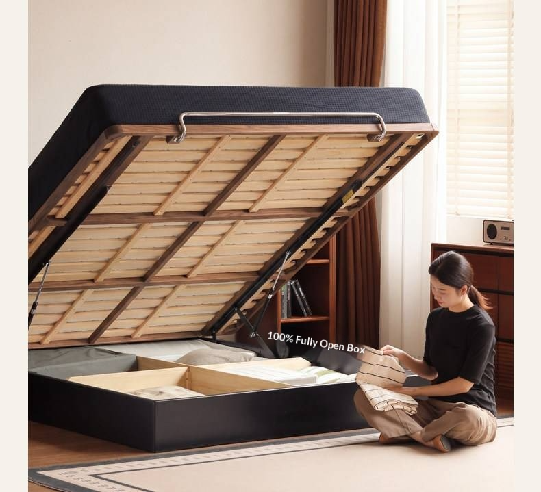 Oak Solid Wood Mid-Century Floating Storage Bed with Lift-Up Storage Box