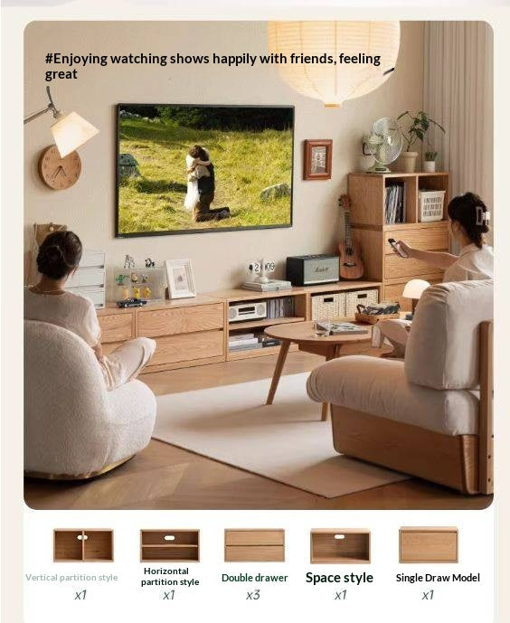 Ash Solid Wood Modern TV Cabinet with Freely Combineable Bookshelf and Storage