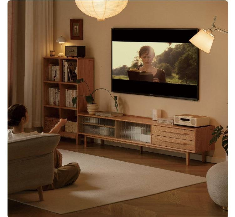 Oak Solid Wood TV Stand Sliding Door.