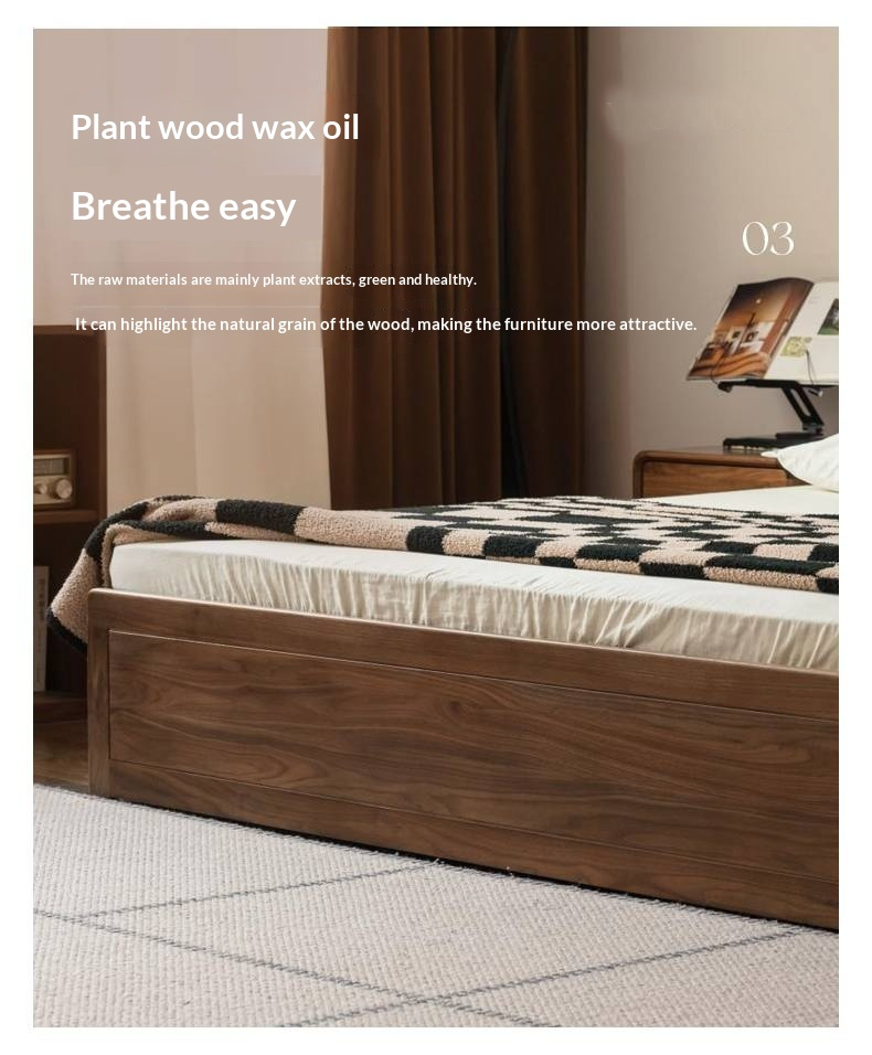 Black Walnut Solid Wood Box Bed — Luxury Genuine Leather Bed with Soft Backrest