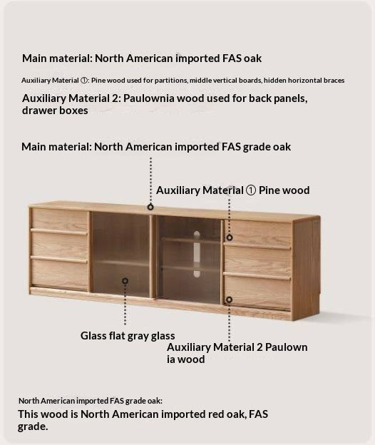 Oak Solid Wood TV Stand with Sliding Glass Doors and Drawers
