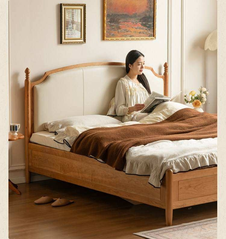 Cherry Solid Wood Box Bed with French Country Arched Upholstered Headboard and Spindle Posts