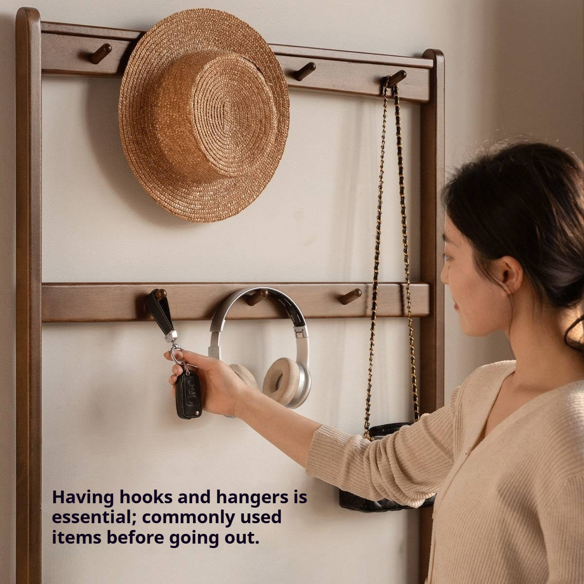Solid RubberWood Modern Entryway Shoe Rack with Top Shelf and Hooks