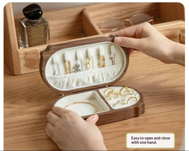 Cherry, Black Walnut Solid Wood Portable Jewelry Box with Multi-Compartment Storage