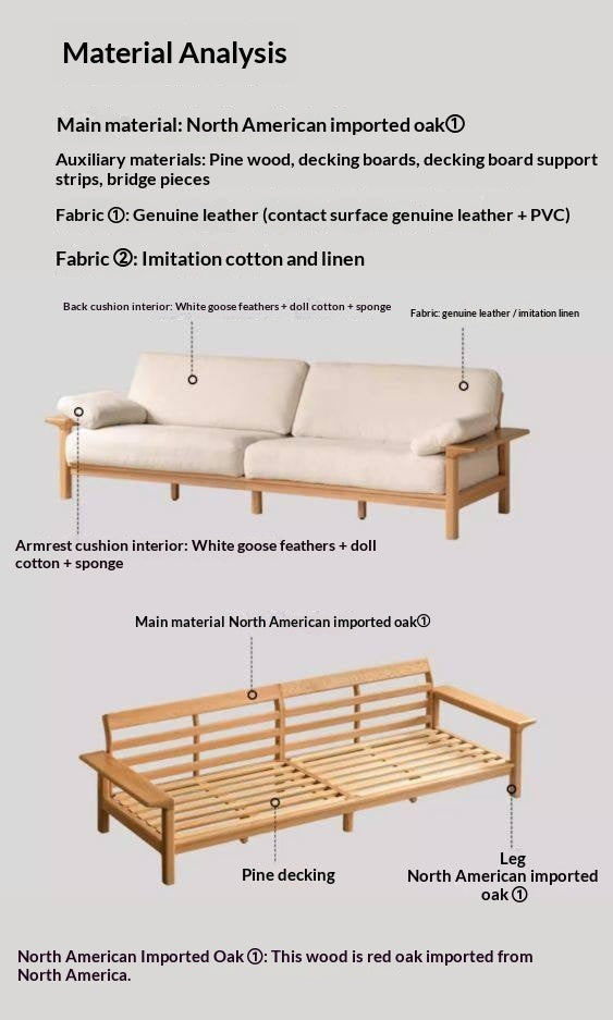 Oak, Ash Solid Wood Wabi Sabi Style Genuine Leather Sofa, fabric sofa